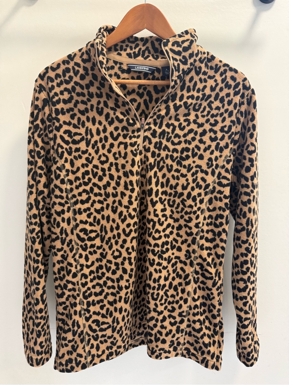 Lands' End Women’s Leopard Quarter-Zip Fleece - Tan & Black Large